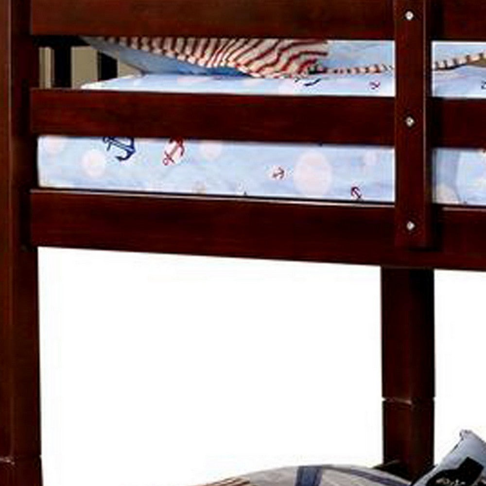 Benjara Slatted Twin Over Twin Bunk Bed with Attached Ladder, Espresso Brown