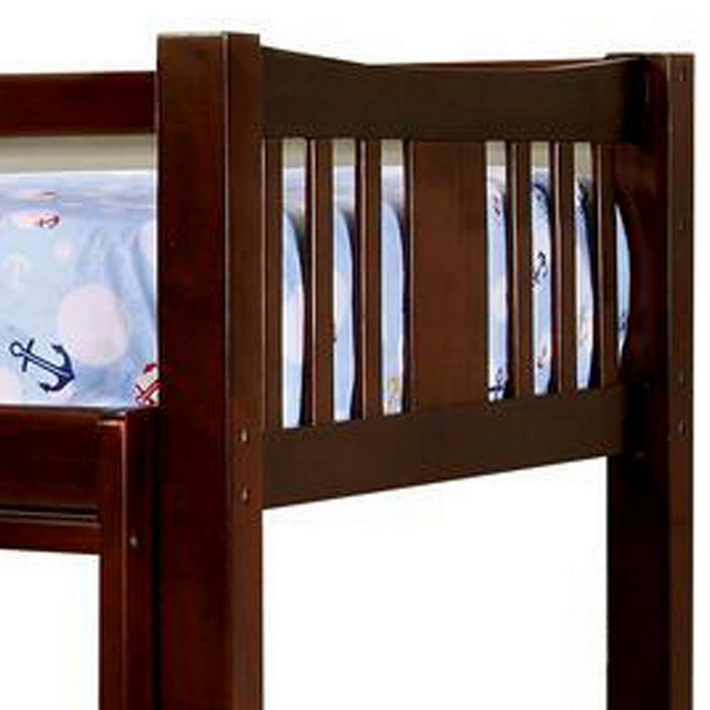 Benjara Slatted Twin Over Twin Bunk Bed with Attached Ladder, Espresso Brown