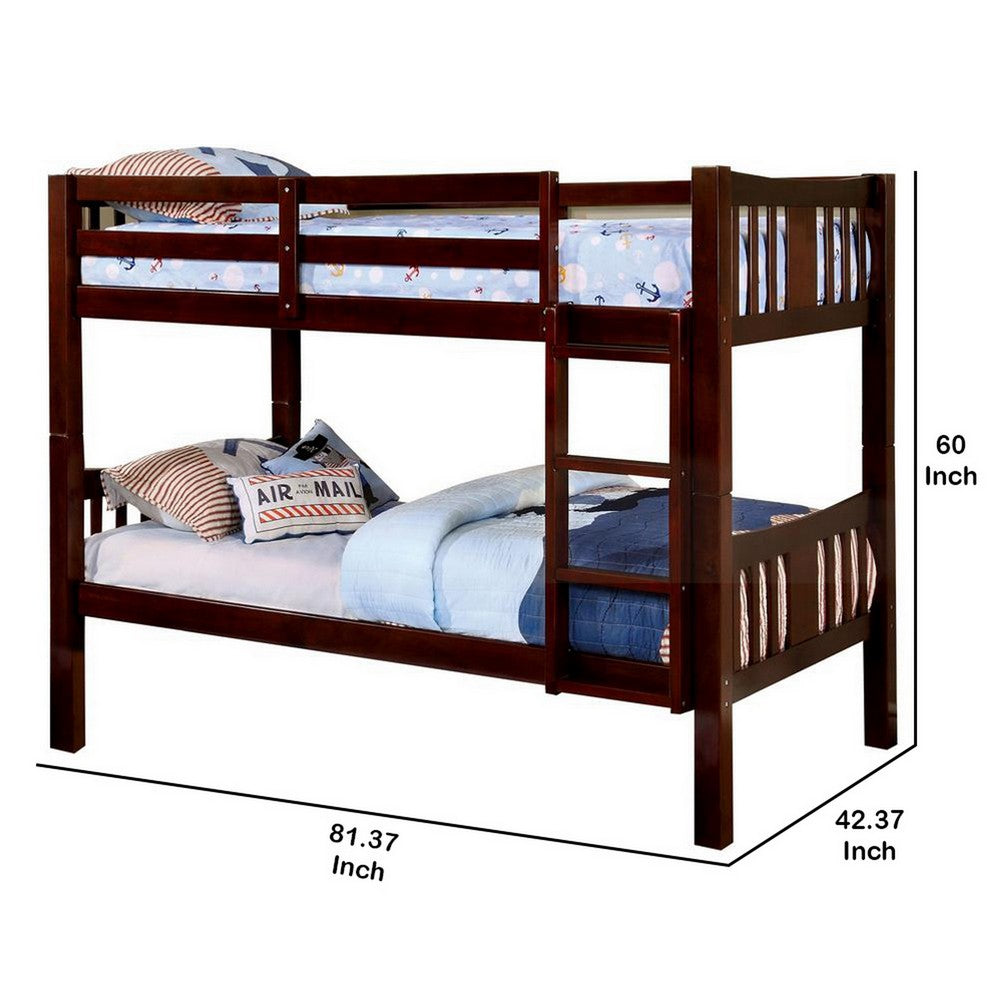 Benjara Slatted Twin Over Twin Bunk Bed with Attached Ladder, Espresso Brown
