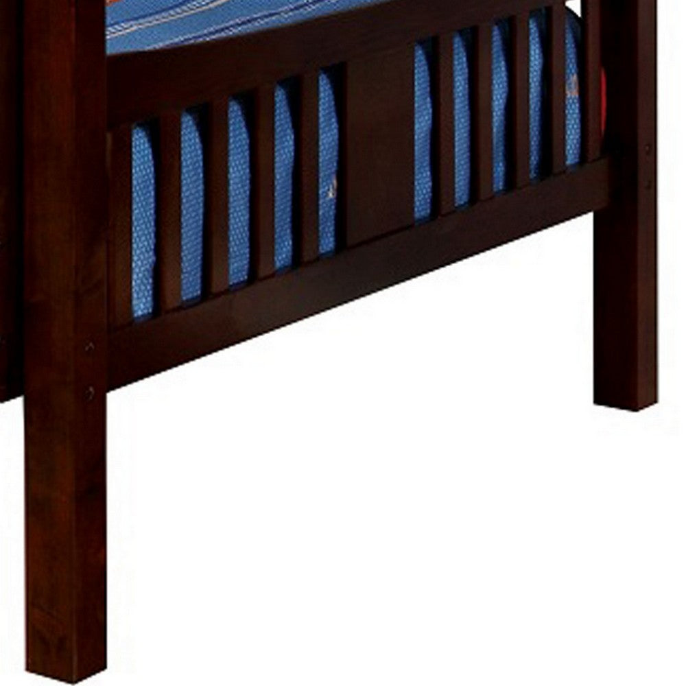 Benjara Slatted Full Over Full Bunk Bed with Attached Ladder, Walnut Brown