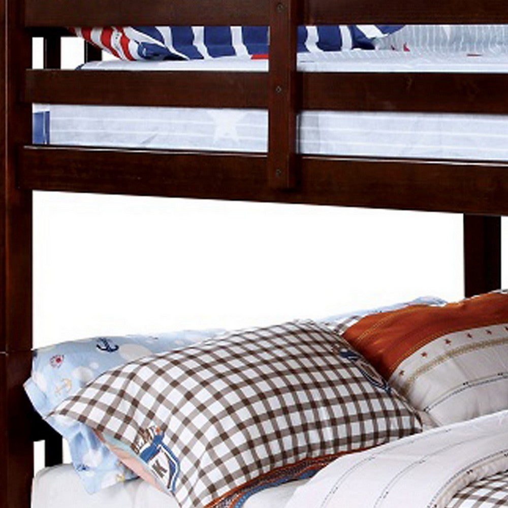 Benjara Slatted Full Over Full Bunk Bed with Attached Ladder, Walnut Brown