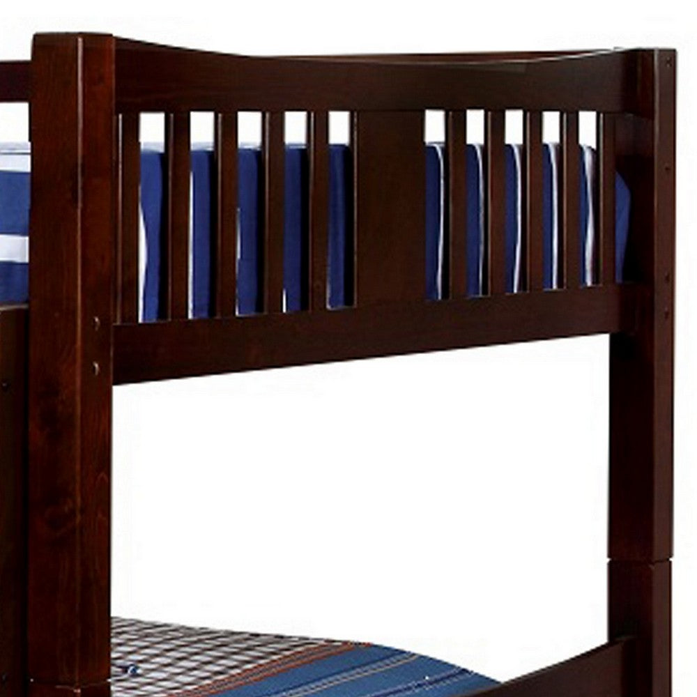 Benjara Slatted Full Over Full Bunk Bed with Attached Ladder, Walnut Brown