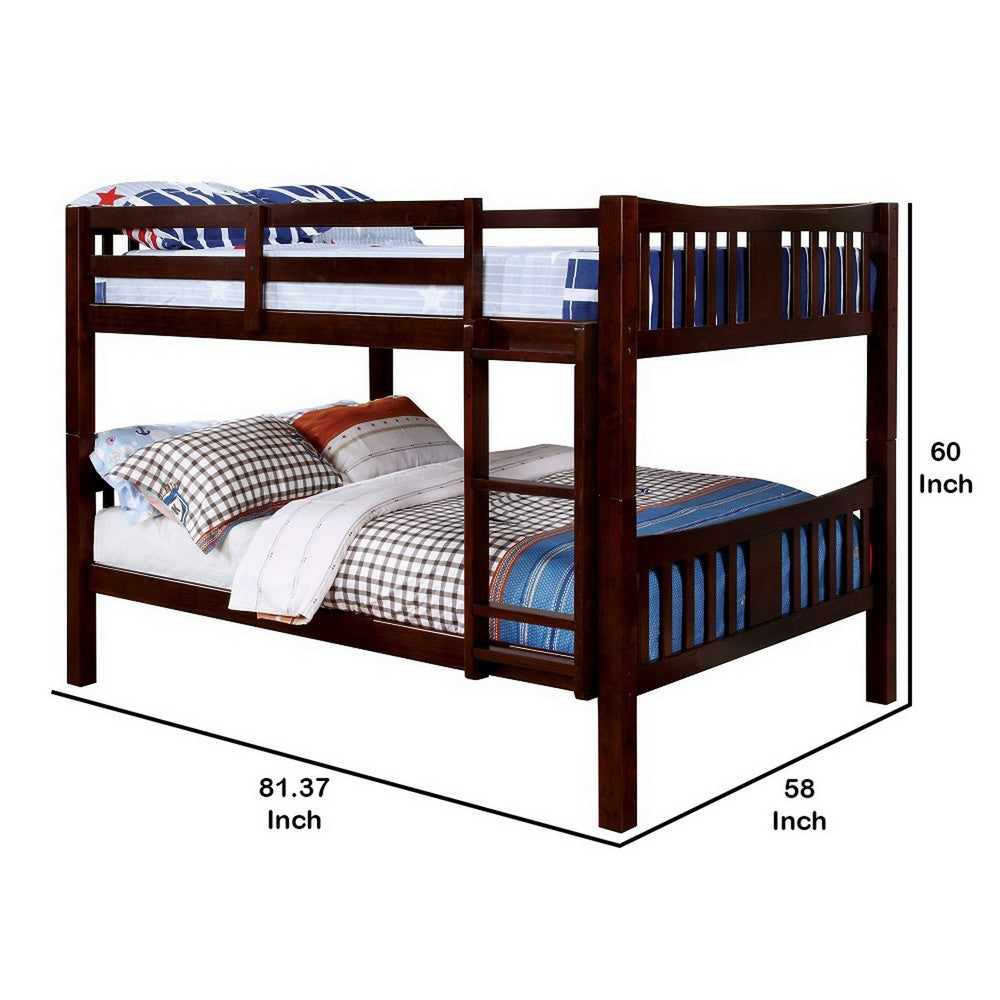 Benjara Slatted Full Over Full Bunk Bed with Attached Ladder, Walnut Brown