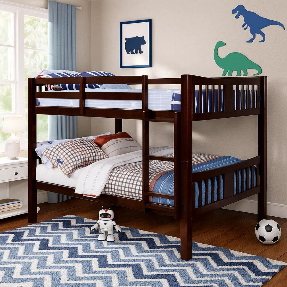 Benjara Slatted Full Over Full Bunk Bed with Attached Ladder, Walnut Brown