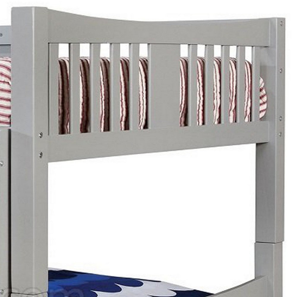 Benjara Slatted Full Over Full Bunk Bed with Attached Ladder, Gray