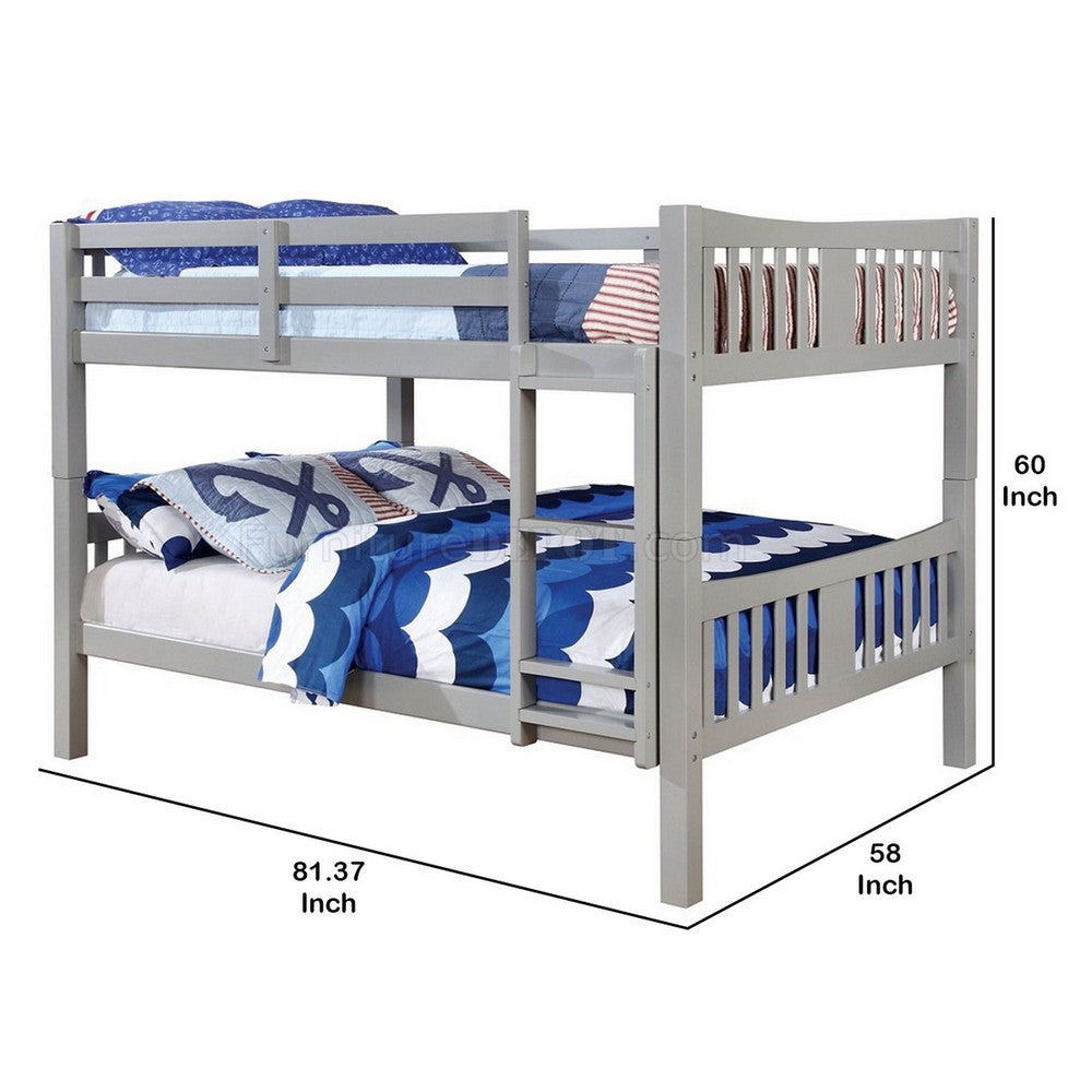 Benjara Slatted Full Over Full Bunk Bed with Attached Ladder, Gray