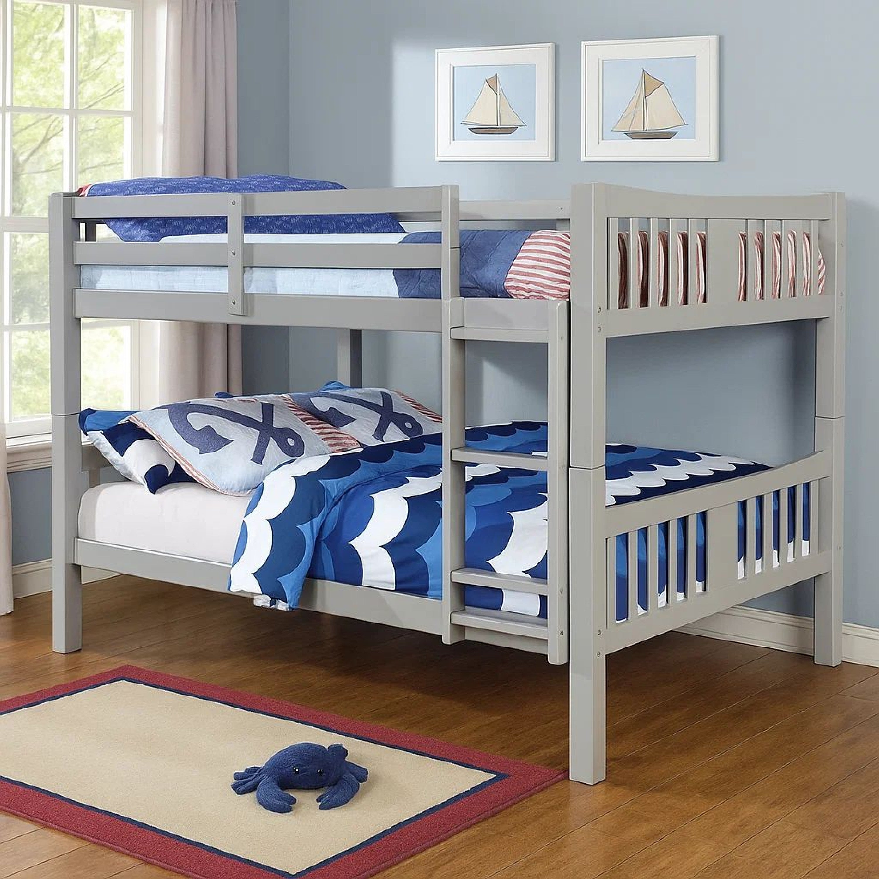 Benjara Slatted Full Over Full Bunk Bed with Attached Ladder, Gray