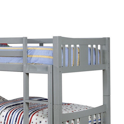 Benjara Slatted Twin Over Twin Bunk Bed with Attached Ladder, Gray