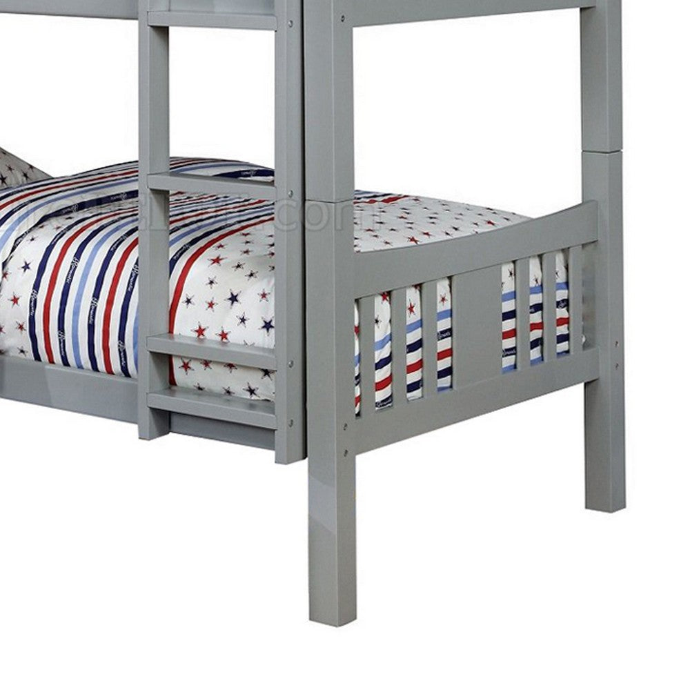 Benjara Slatted Twin Over Twin Bunk Bed with Attached Ladder, Gray