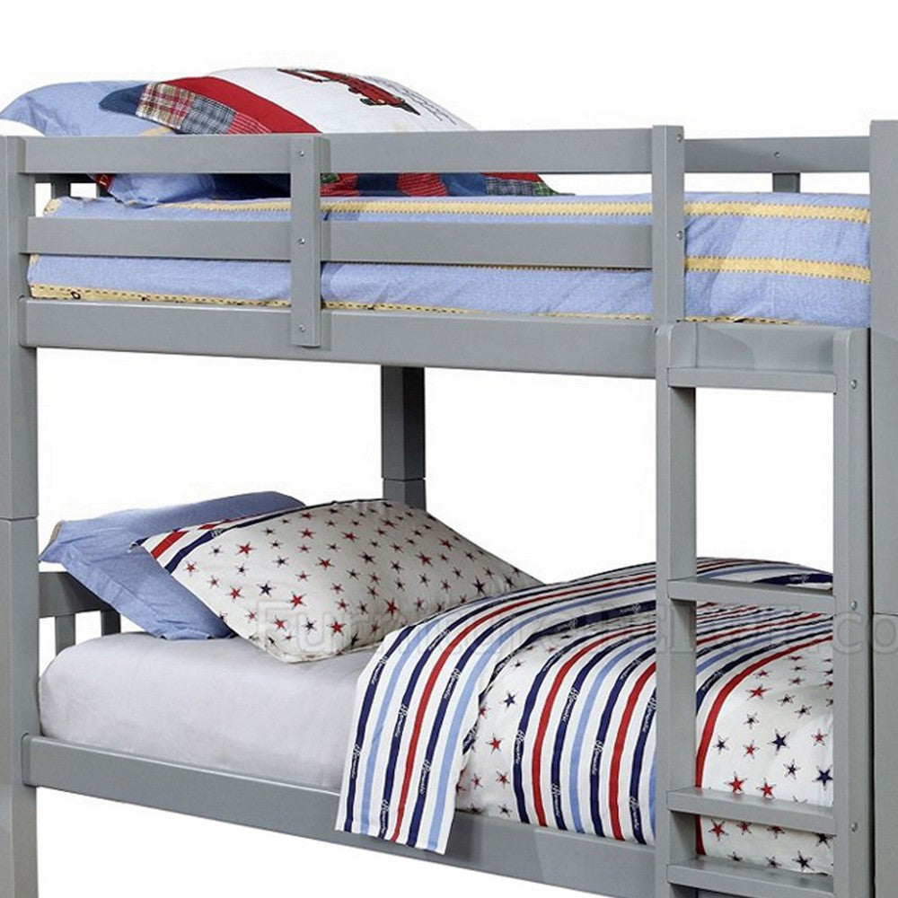 Benjara Slatted Twin Over Twin Bunk Bed with Attached Ladder, Gray
