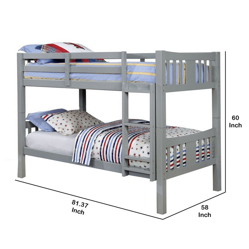 Benjara Slatted Twin Over Twin Bunk Bed with Attached Ladder, Gray
