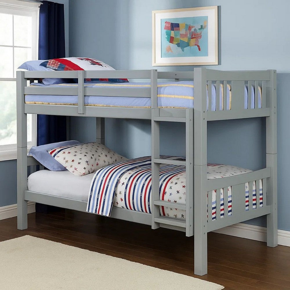Benjara Slatted Twin Over Twin Bunk Bed with Attached Ladder, Gray