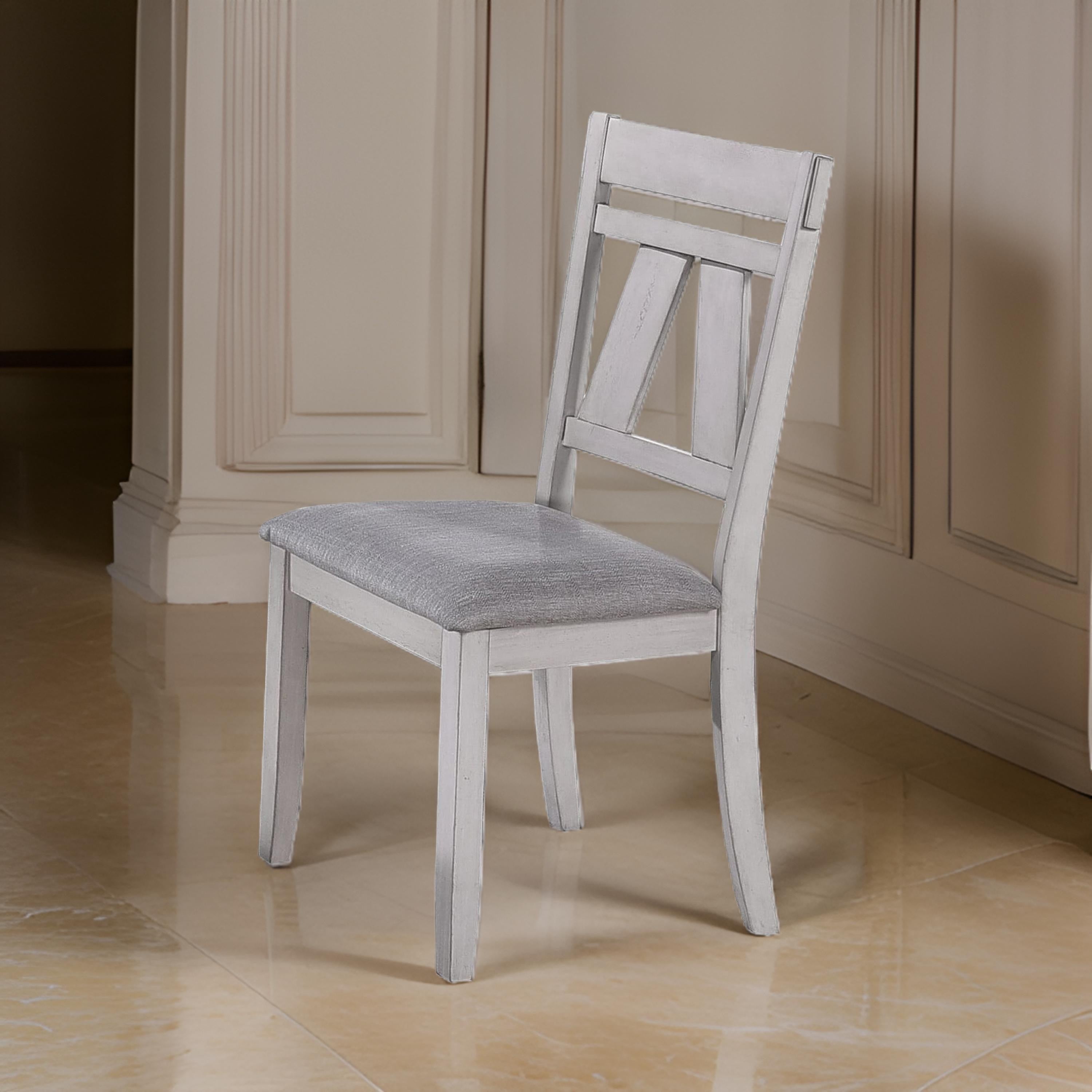 Benjara Wooden Side Chair with Fabric Upholstered Seat, Set of 2, White And Gray