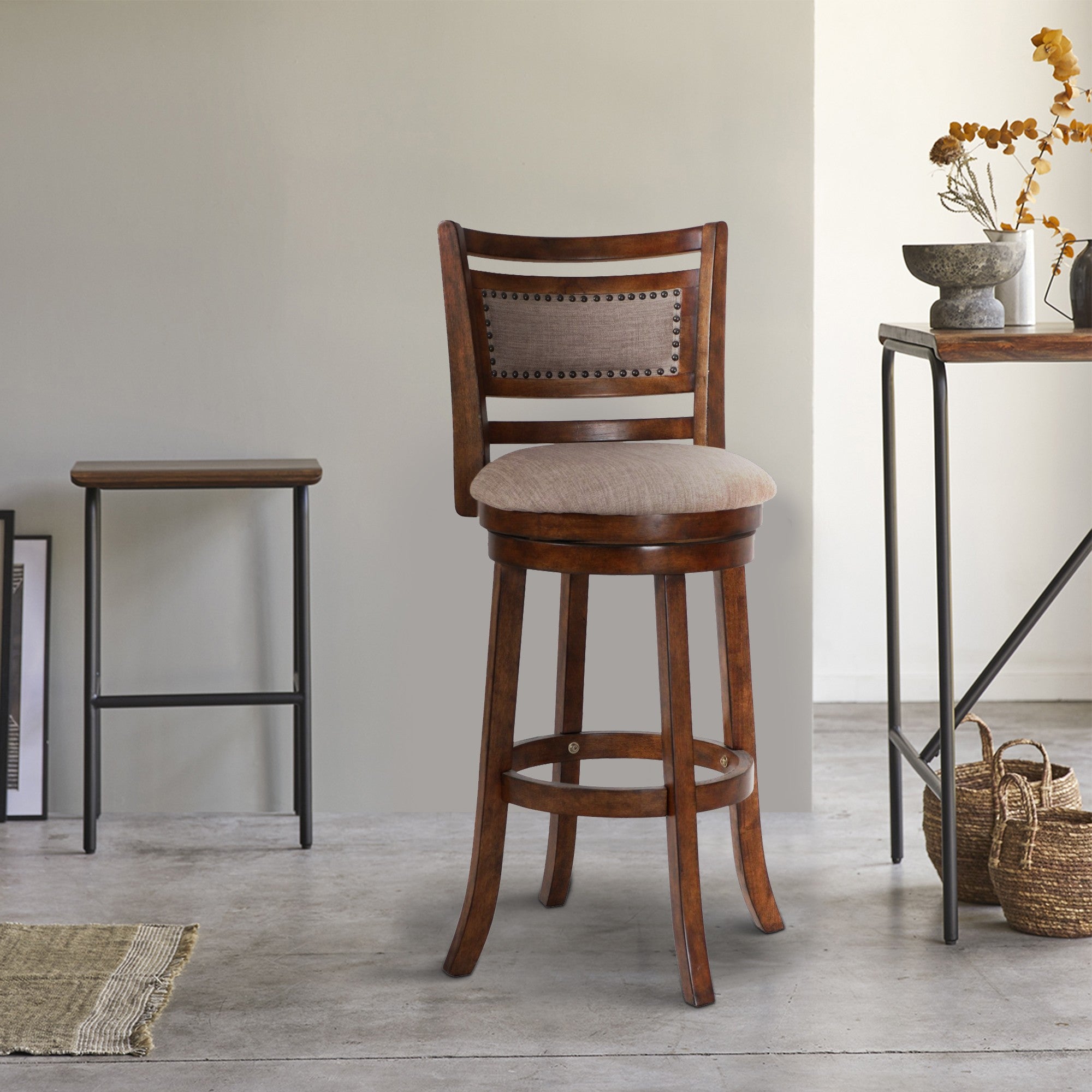 Benjara Curved Swivel Barstool with Fabric Padded Seating, Brown And Beige