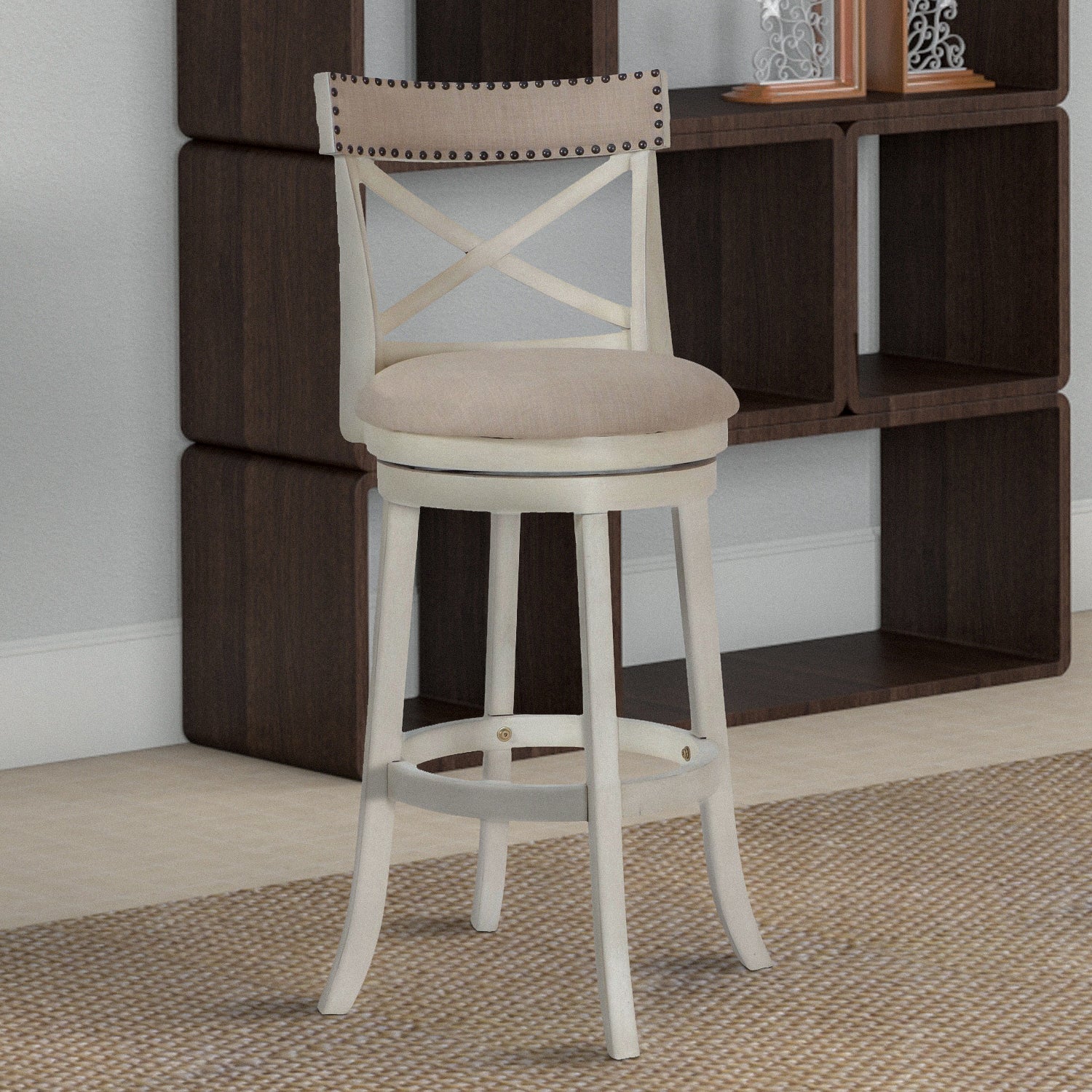 Benjara Curved X Shaped Back Swivel Barstool with Fabric Padded Seating, Antique White