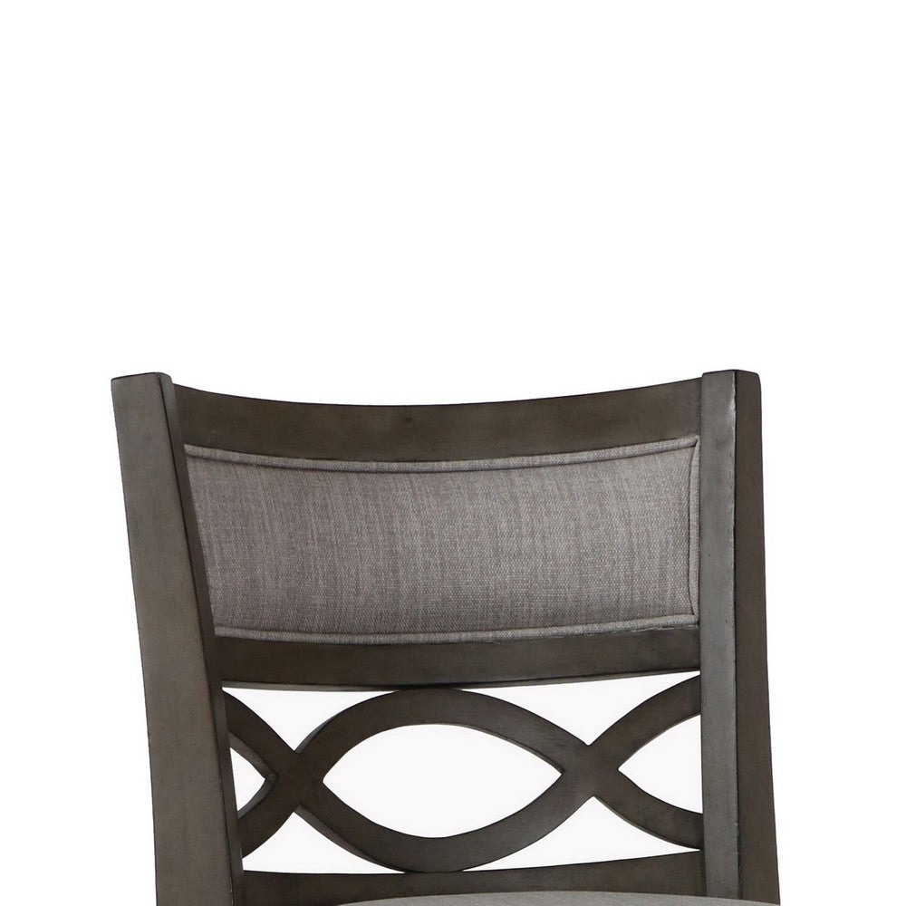 Benjara Curved Lattice Back Swivel Counter Stool with Fabric Seat, Antique Gray