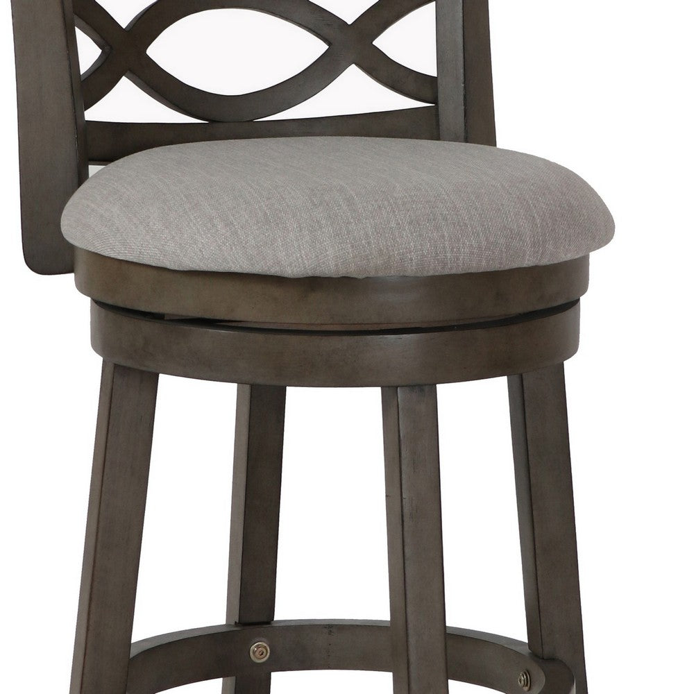 Benjara Curved Lattice Back Swivel Counter Stool with Fabric Seat, Antique Gray
