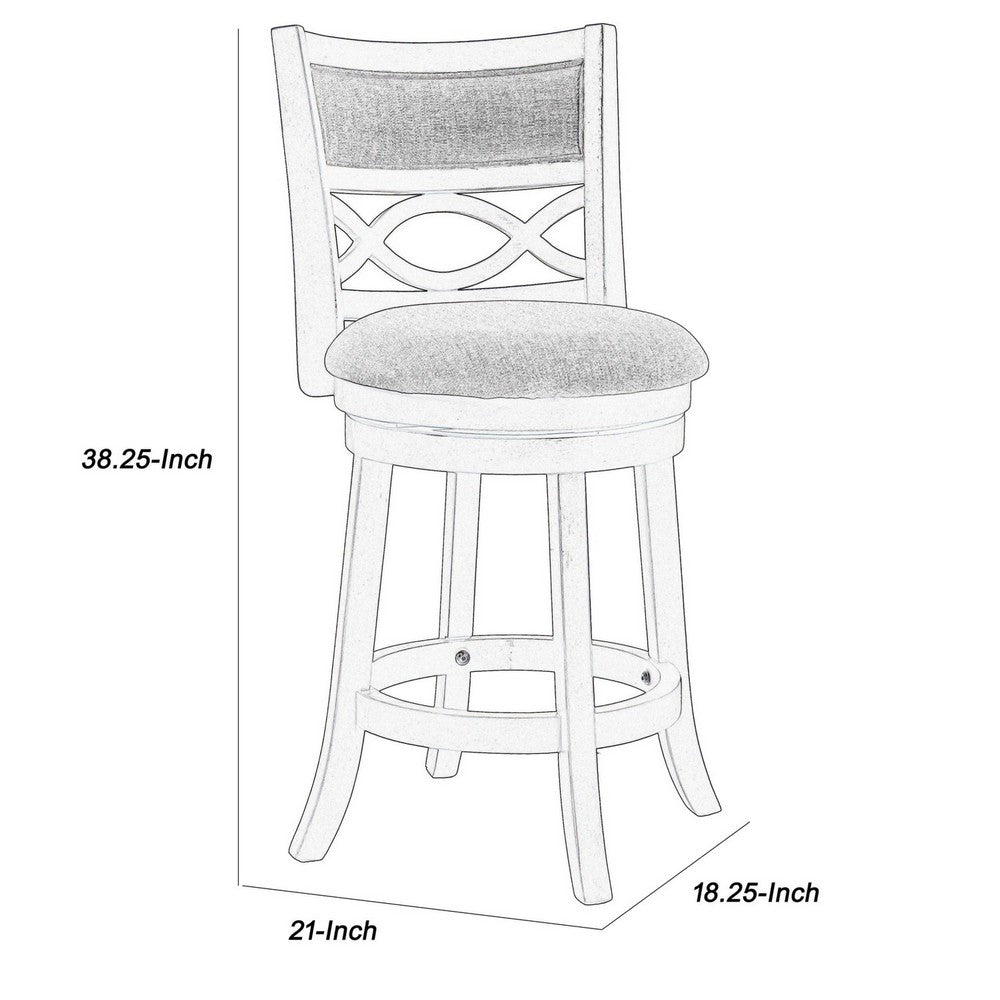 Benjara Curved Lattice Back Swivel Counter Stool with Fabric Seat, Antique Gray
