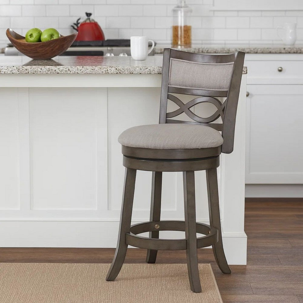 Benjara Curved Lattice Back Swivel Counter Stool with Fabric Seat, Antique Gray