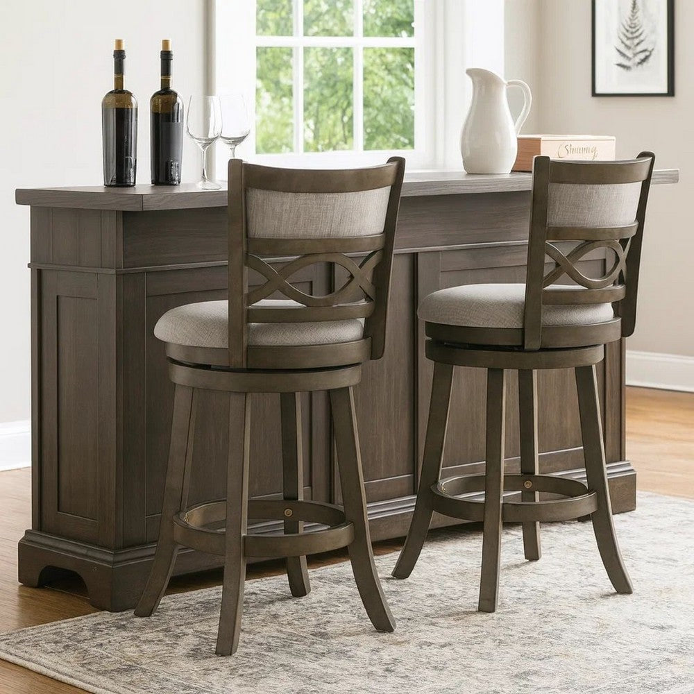 Benjara Curved Lattice Back Swivel Counter Stool with Fabric Seat, Antique Gray