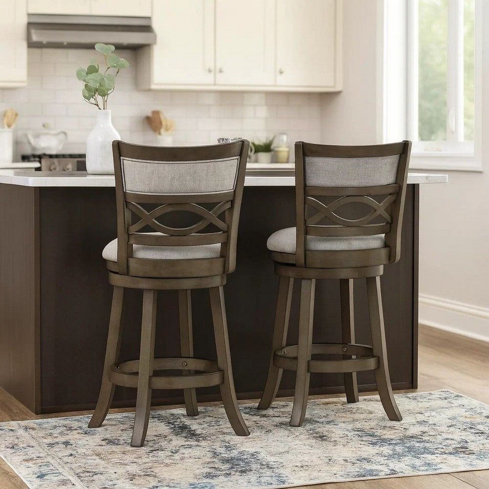 Benjara Curved Lattice Back Swivel Counter Stool with Fabric Seat, Antique Gray