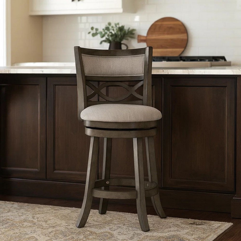Benjara Curved Lattice Back Swivel Counter Stool with Fabric Seat, Antique Gray
