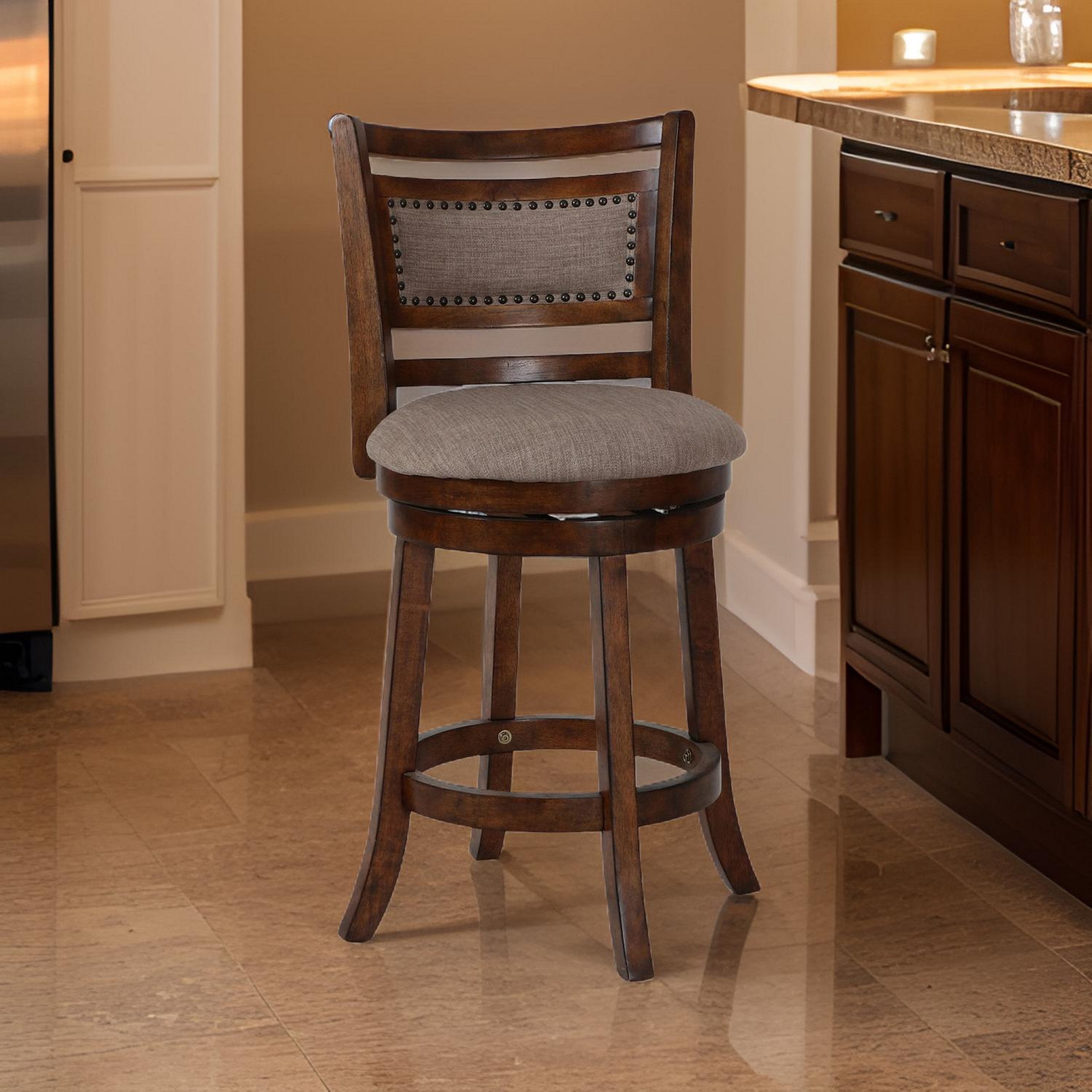 Benjara Curved Swivel Counter Chair, Fabric Padded Seating, Brown