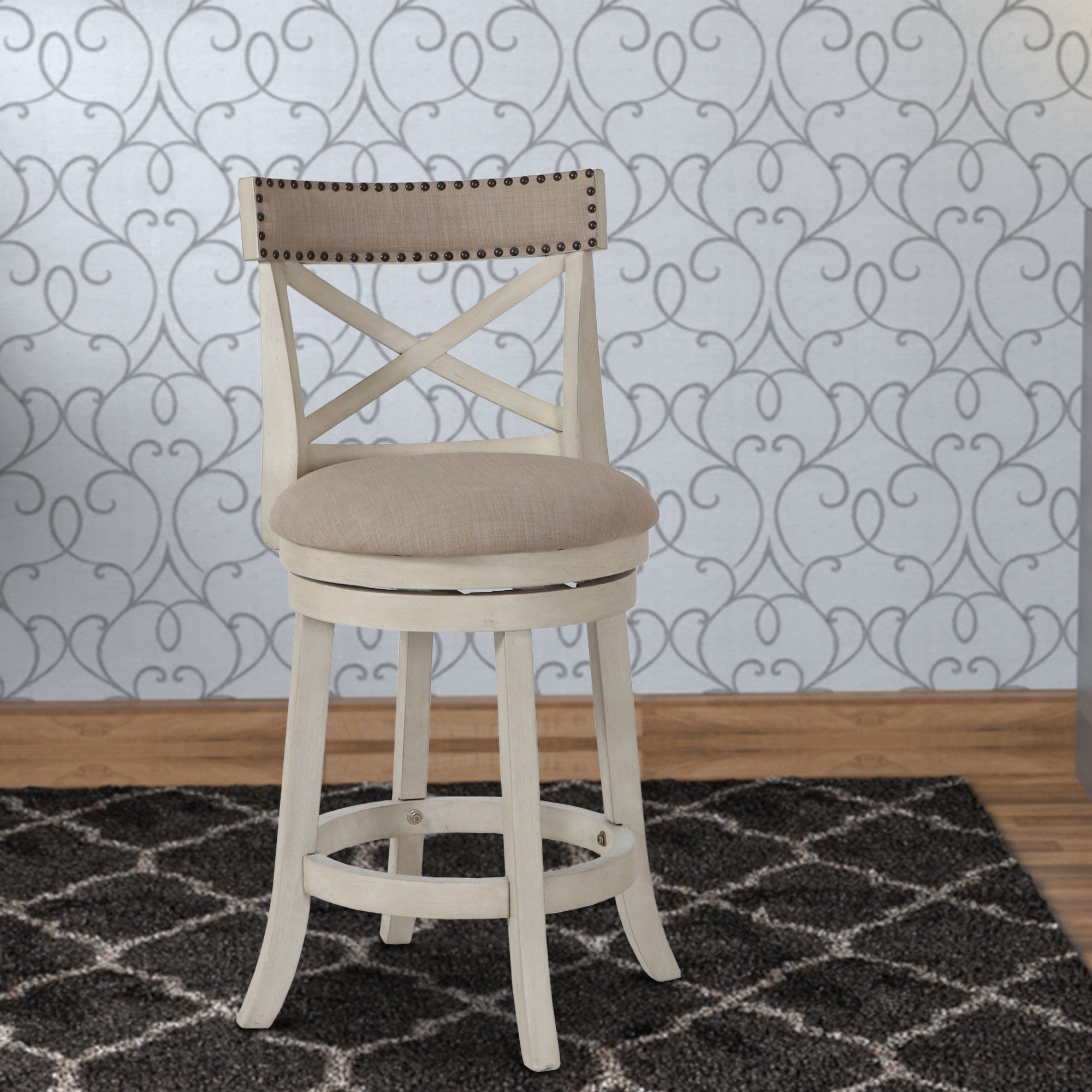 Benjara Curved X Shaped Back Swivel Counter Stool with Fabric Padded Seating, Antique White