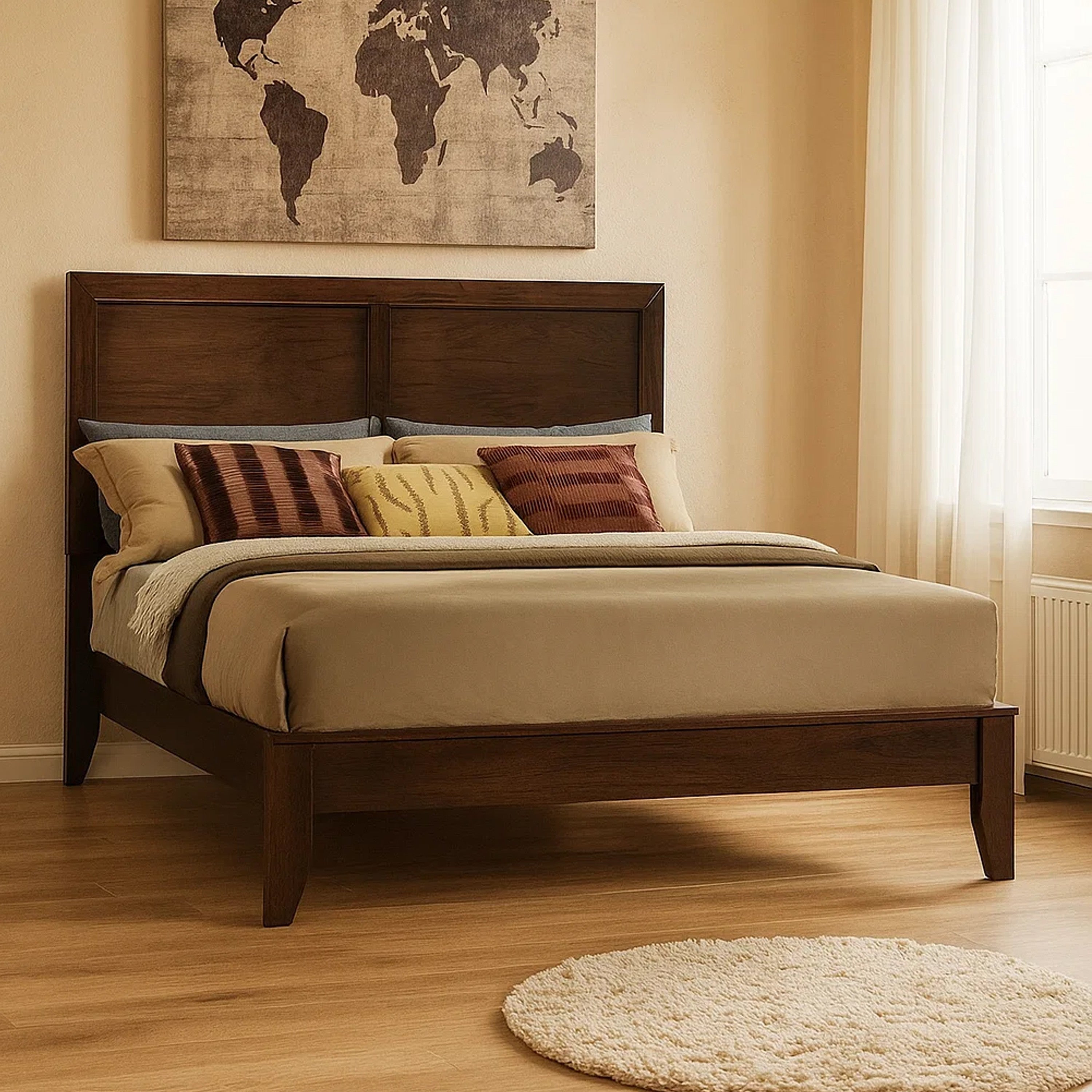 Benjara Paneled Eastern King Low Profile Bed with Chamfered Legs, Brown