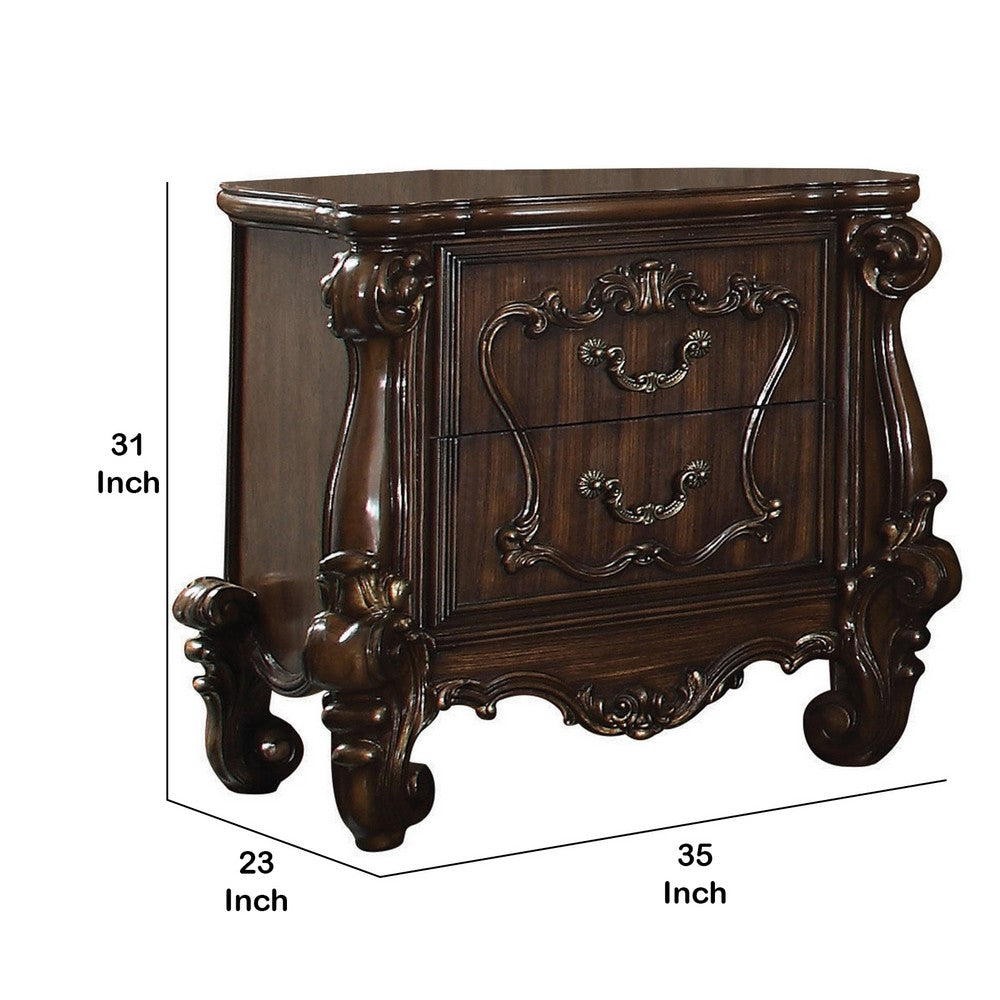 Benjara Traditional Wooden Nightstand with Antique Handles And Scrolled Legs, Brown