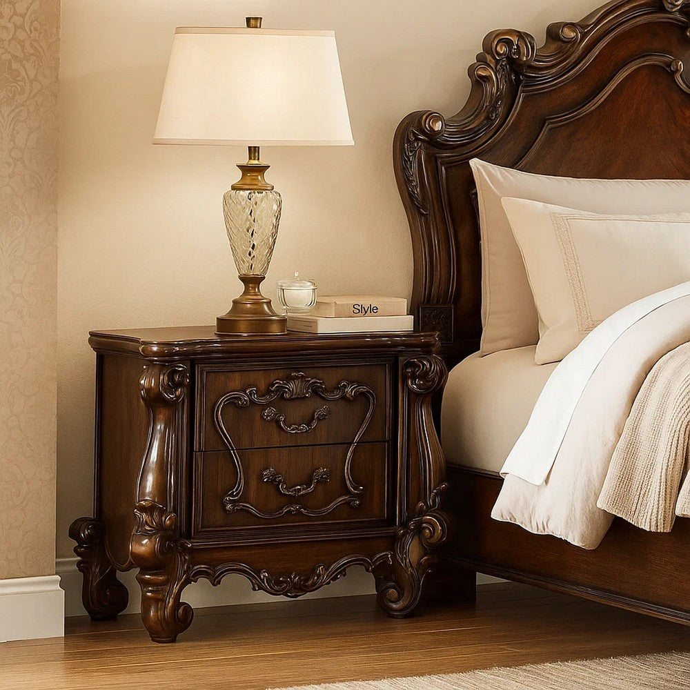 Benjara Traditional Wooden Nightstand with Antique Handles And Scrolled Legs, Brown