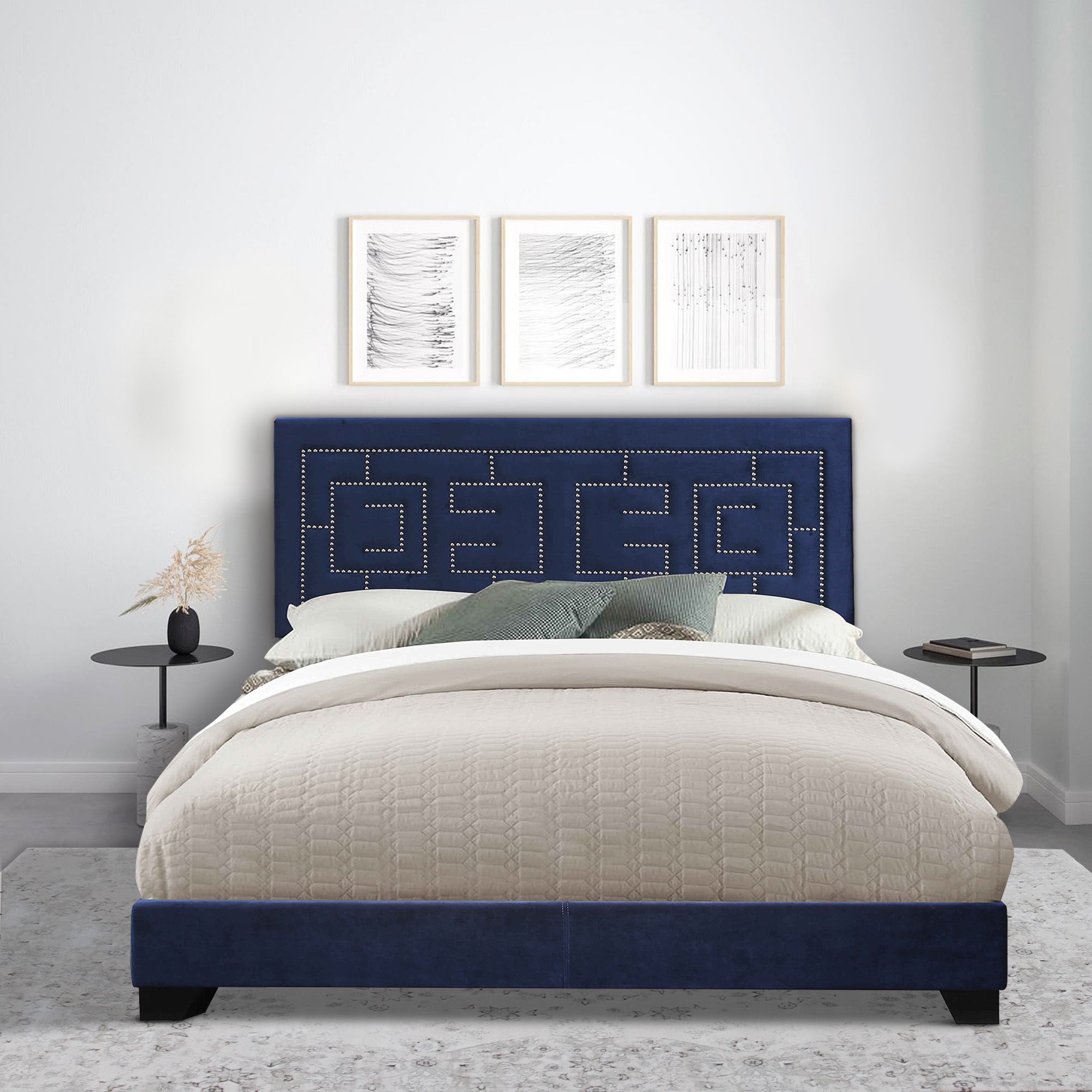 Benjara Fabric Eastern King Bed with Geometric Pattern Nailhead Trims, Blue