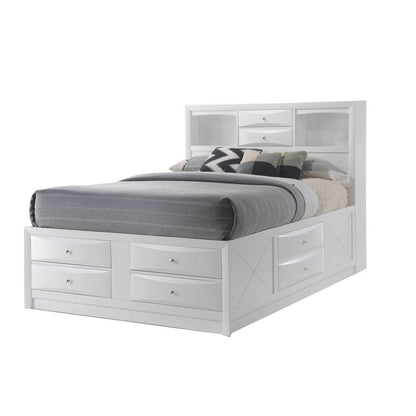 Benjara Eight Drawer Full Size Storage Bed with Bookcase Headboard, White