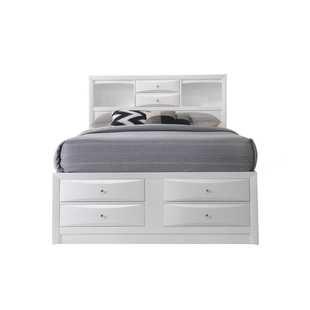 Benjara Eight Drawer Full Size Storage Bed with Bookcase Headboard, White