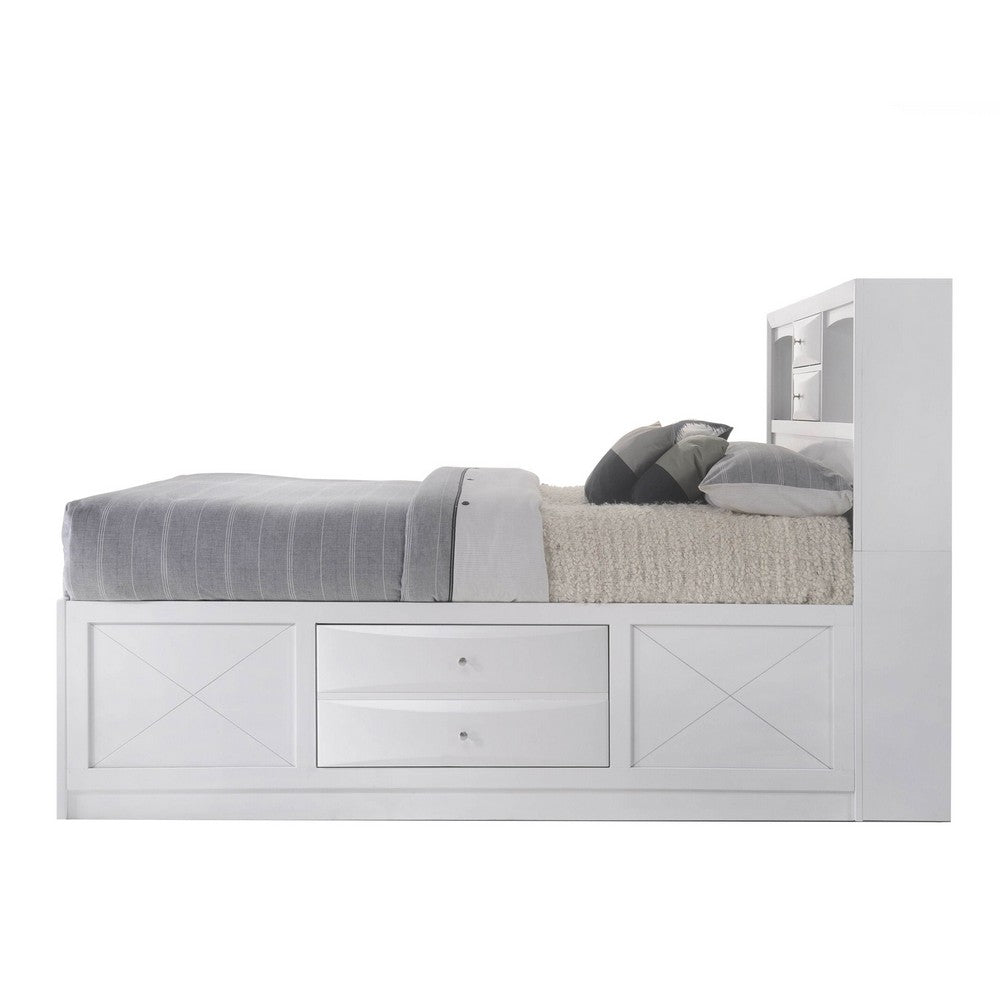 Benjara Eight Drawer Full Size Storage Bed with Bookcase Headboard, White