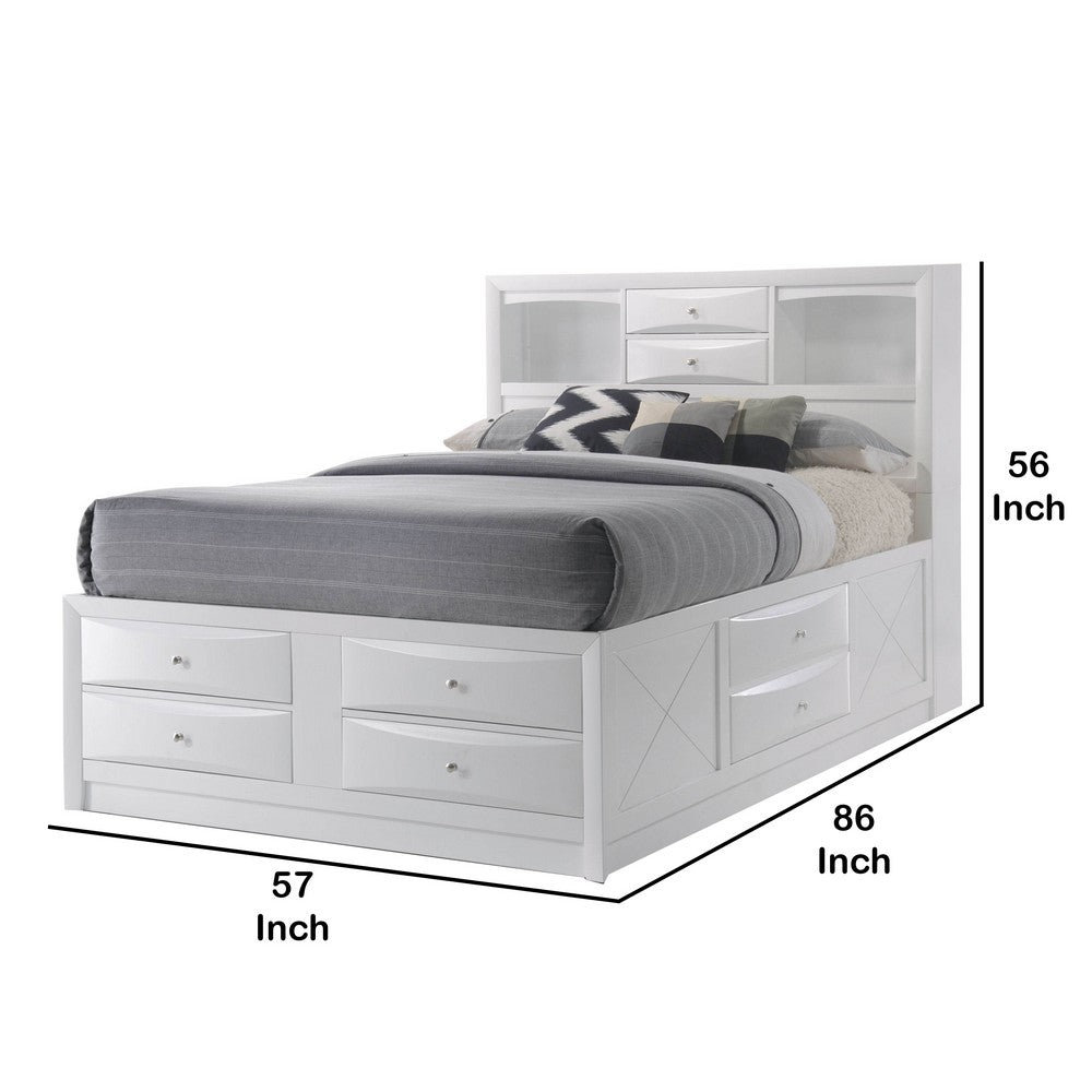 Benjara Eight Drawer Full Size Storage Bed with Bookcase Headboard, White