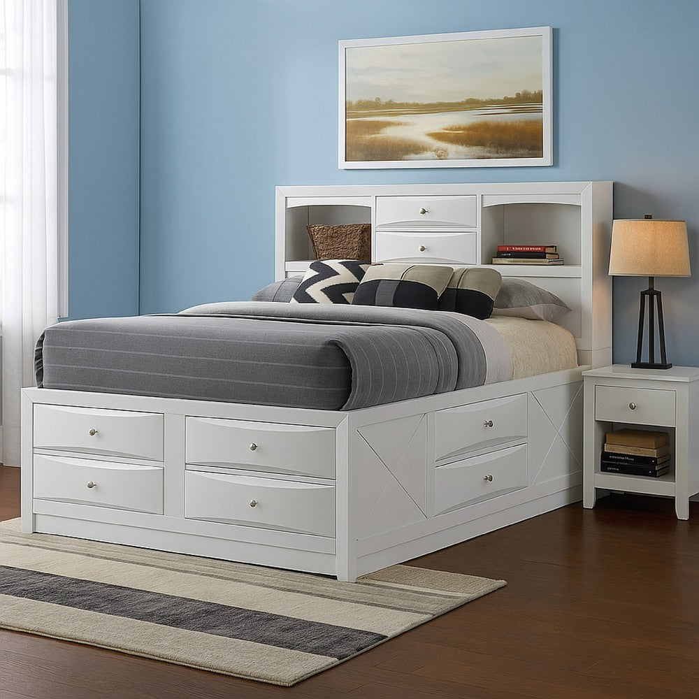 Benjara Eight Drawer Full Size Storage Bed with Bookcase Headboard, White