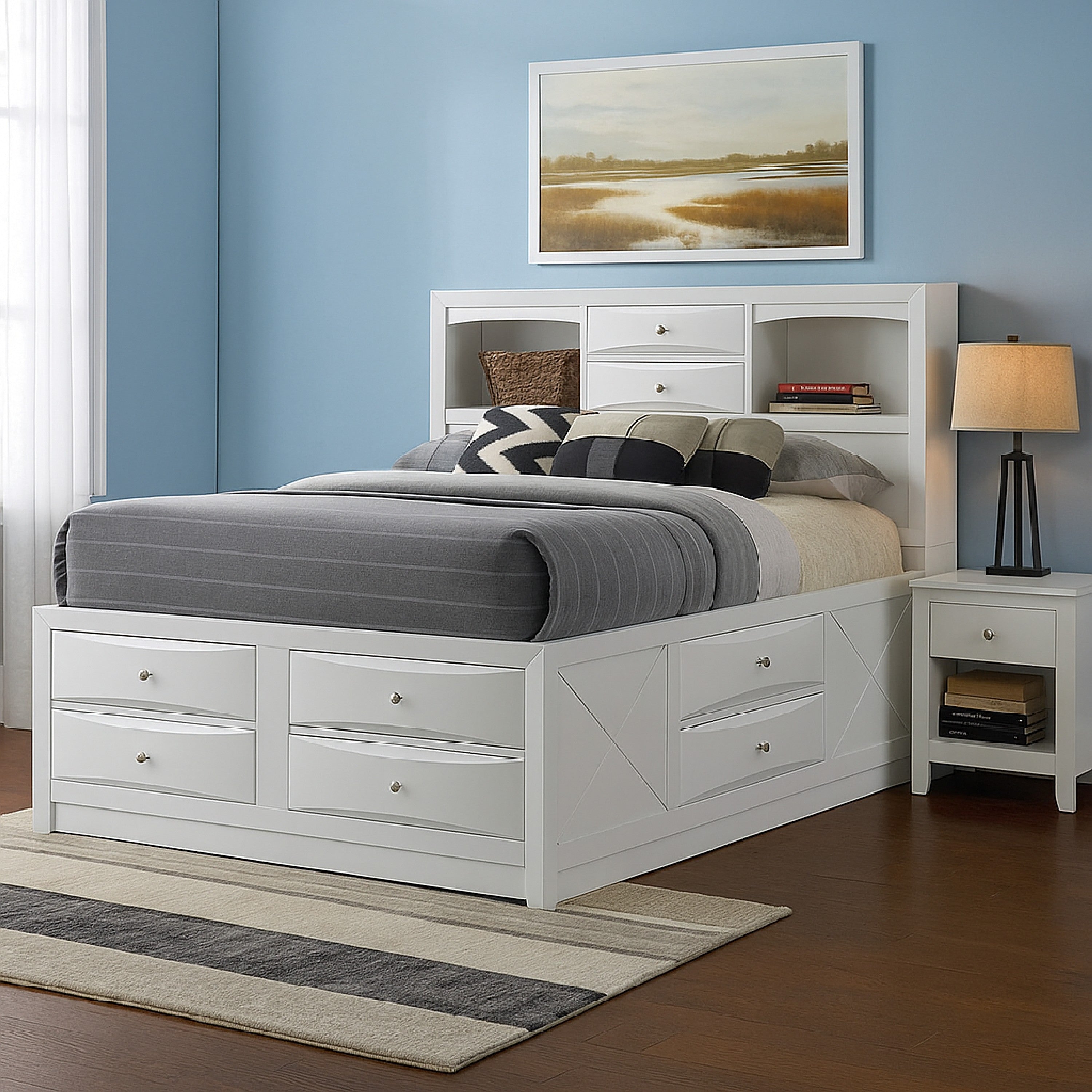 Benjara Eight Drawer Full Size Storage Bed with Bookcase Headboard, White