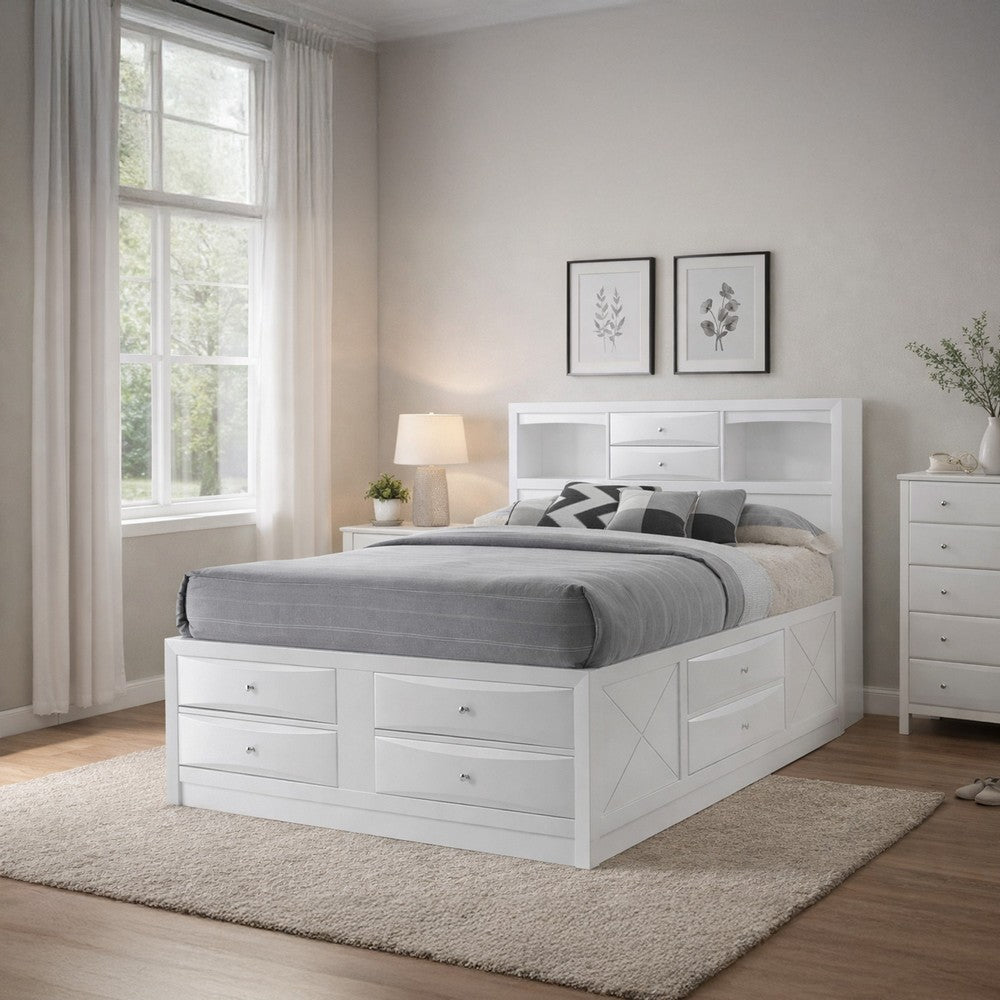 Benjara Eight Drawer Full Size Storage Bed with Bookcase Headboard, White