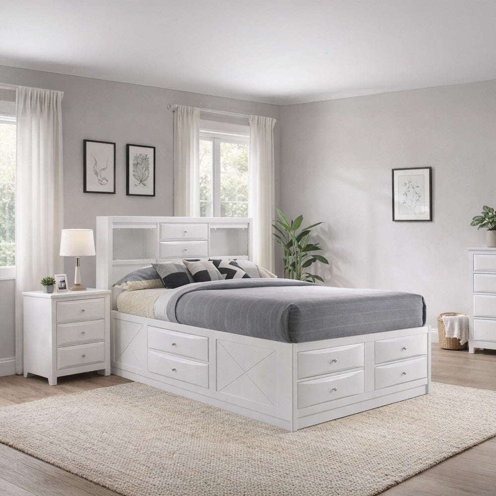 Benjara Eight Drawer Full Size Storage Bed with Bookcase Headboard, White