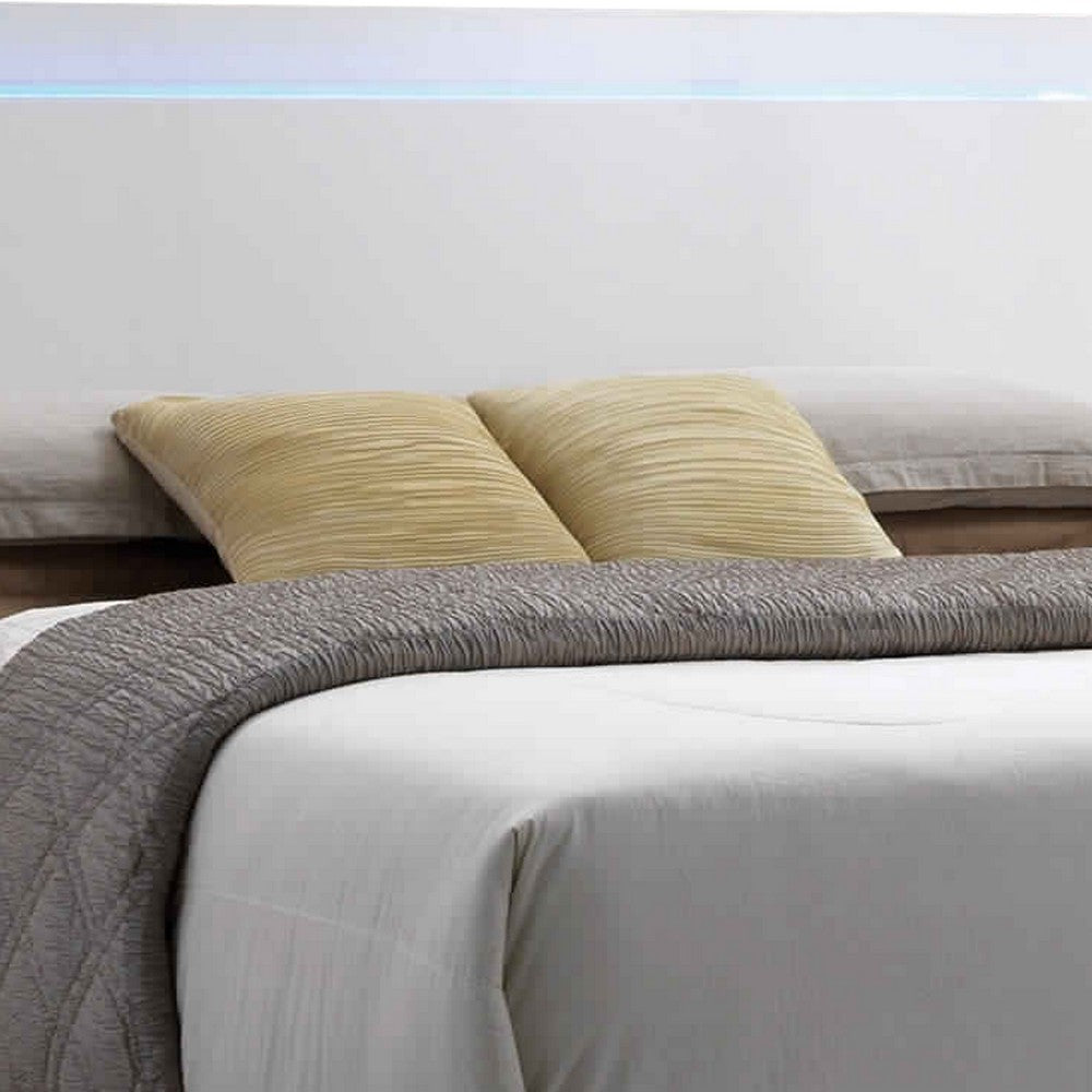 Benjara Leatherette Eastern King Bed with LED Panel Headboard And Chrome Legs,White