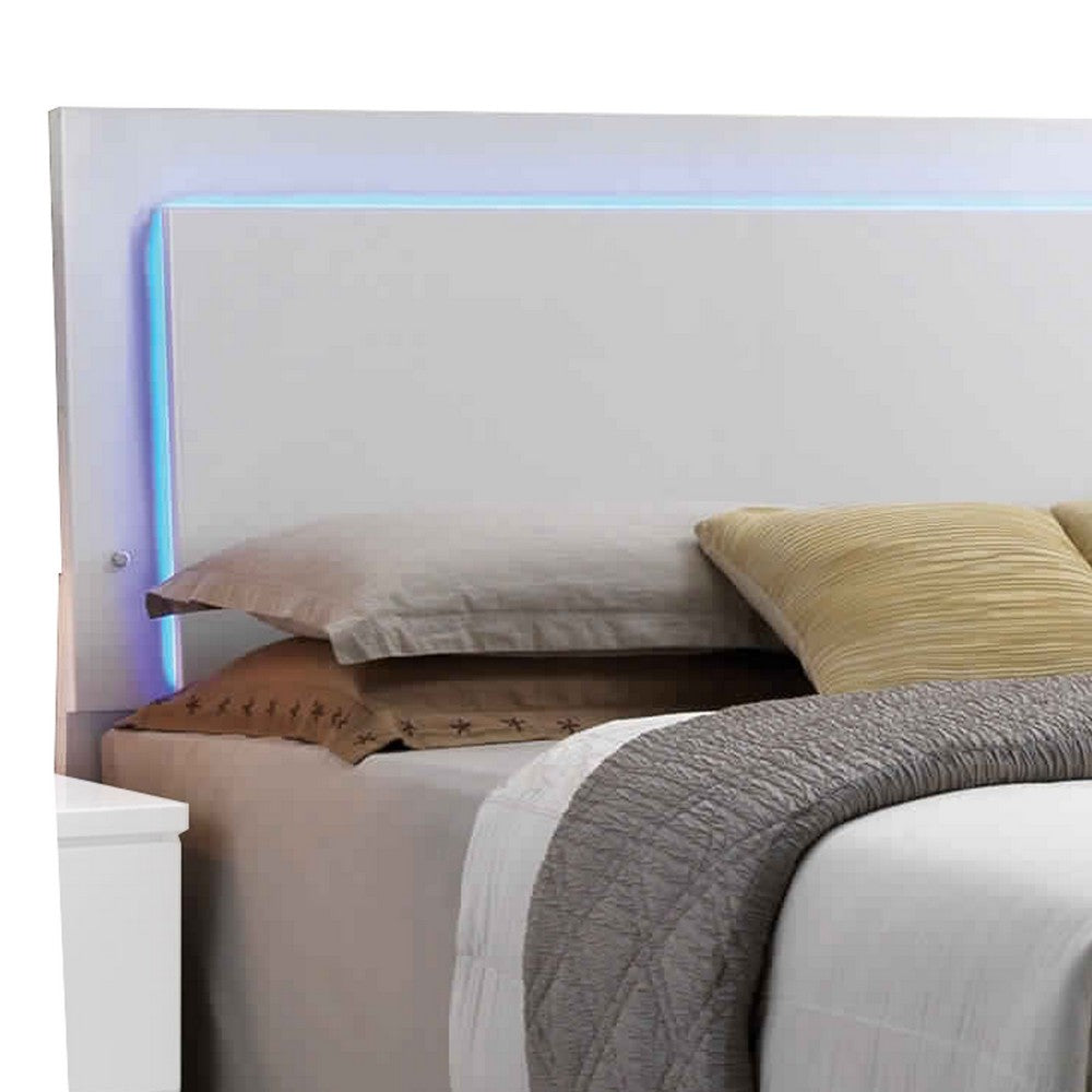 Benjara Leatherette Eastern King Bed with LED Panel Headboard And Chrome Legs,White