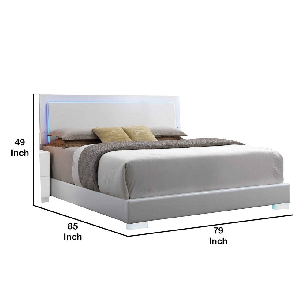 Benjara Leatherette Eastern King Bed with LED Panel Headboard And Chrome Legs,White