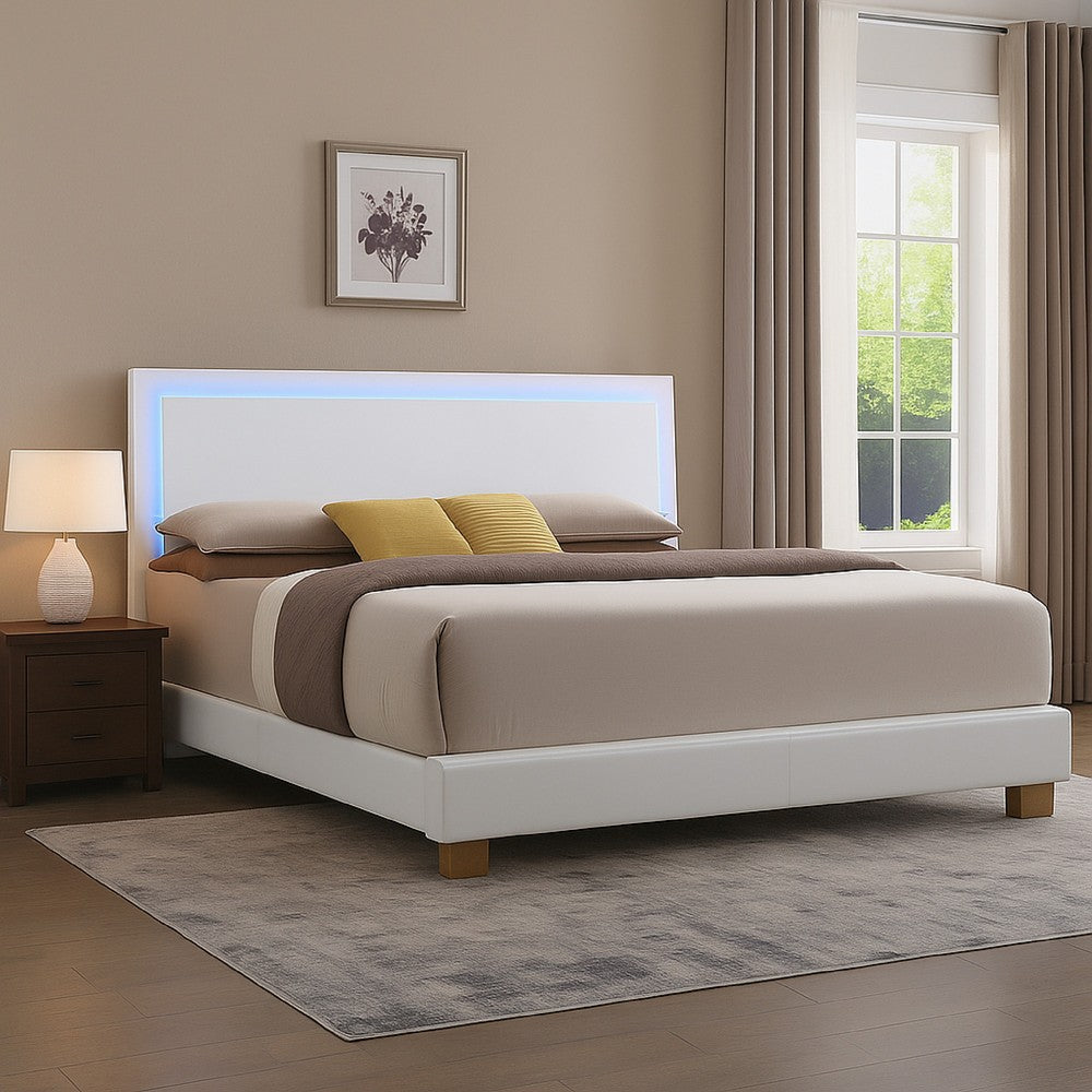 Benjara Leatherette Eastern King Bed with LED Panel Headboard And Chrome Legs,White
