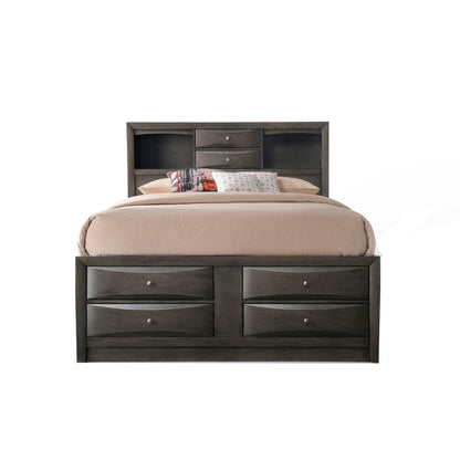 Benjara Panel Design Full Size Bed with Bookcase And Drawers, Gray Oak