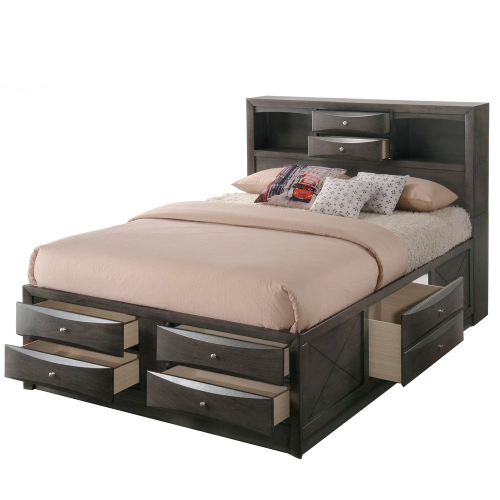 Benjara Panel Design Full Size Bed with Bookcase And Drawers, Gray Oak
