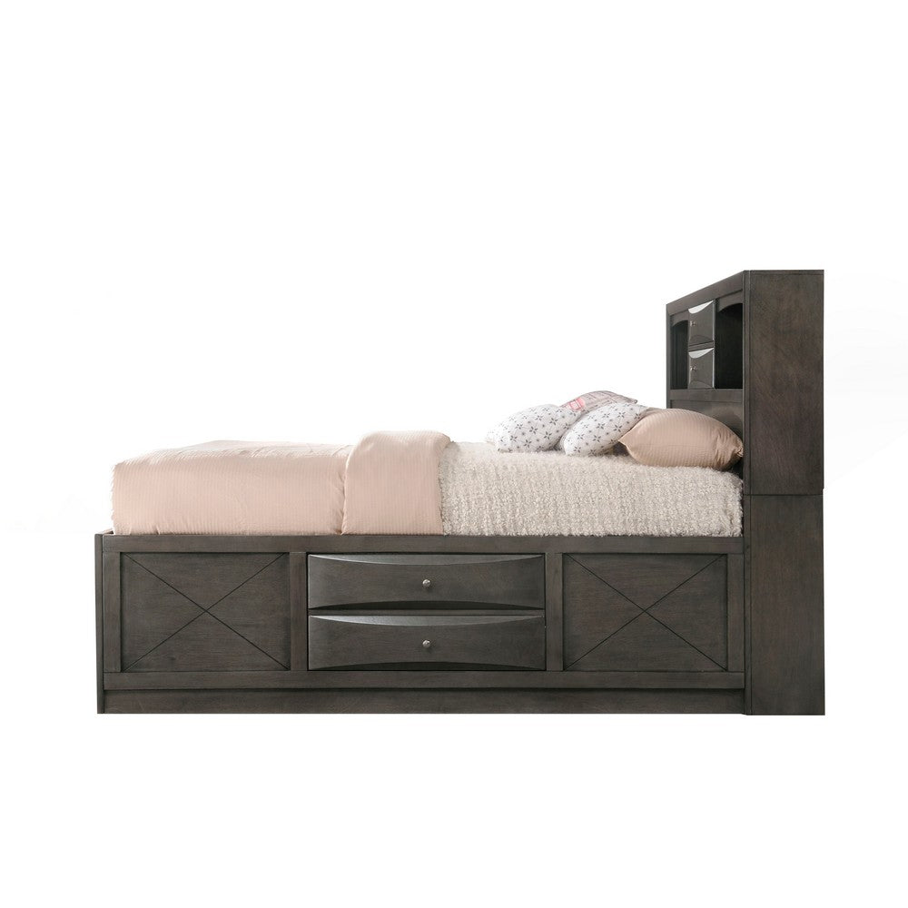 Benjara Panel Design Full Size Bed with Bookcase And Drawers, Gray Oak