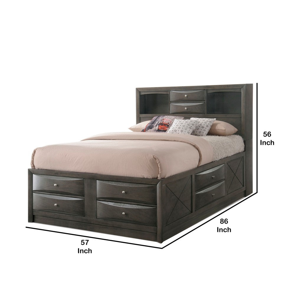 Benjara Panel Design Full Size Bed with Bookcase And Drawers, Gray Oak