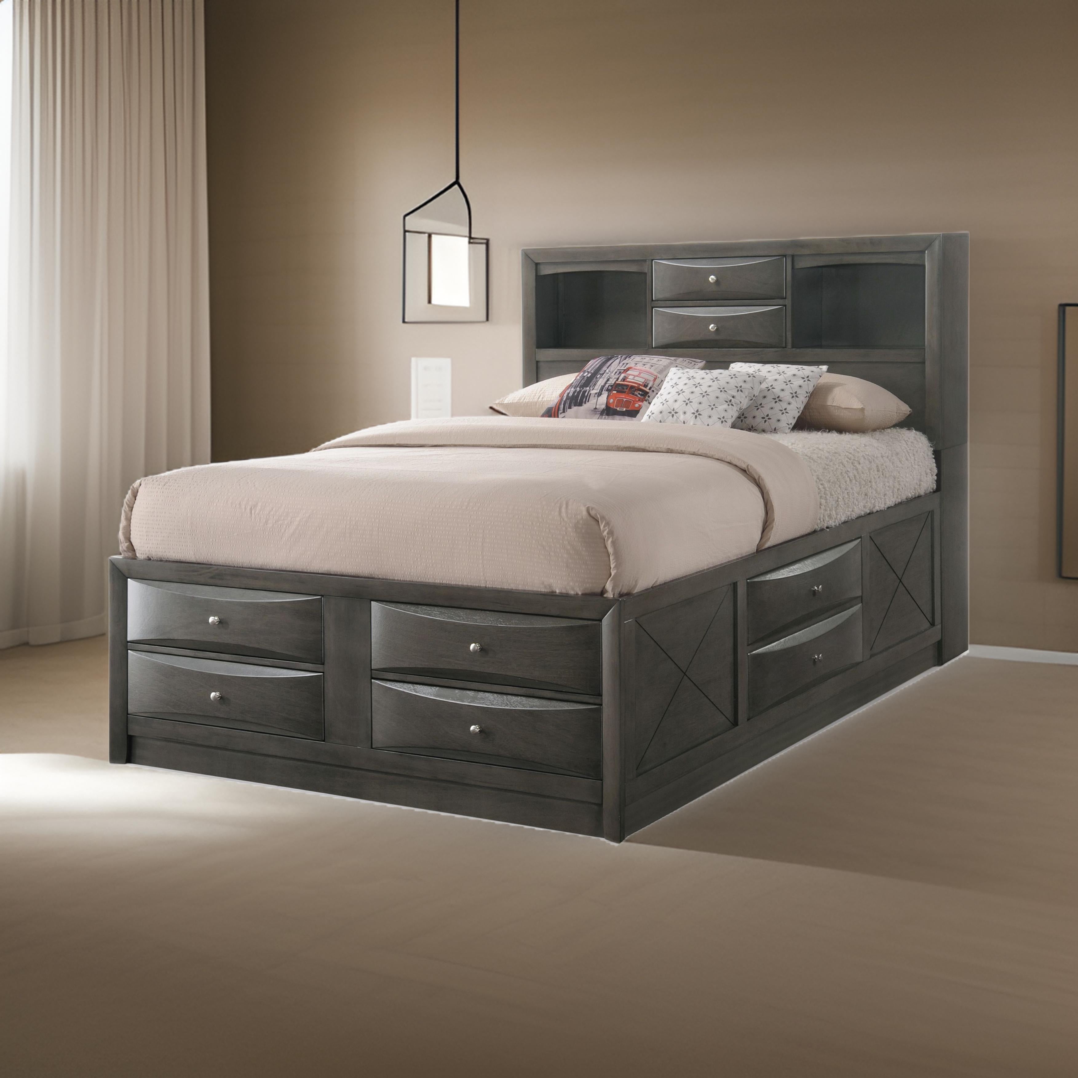 Benjara Panel Design Full Size Bed with Bookcase And Drawers, Gray Oak