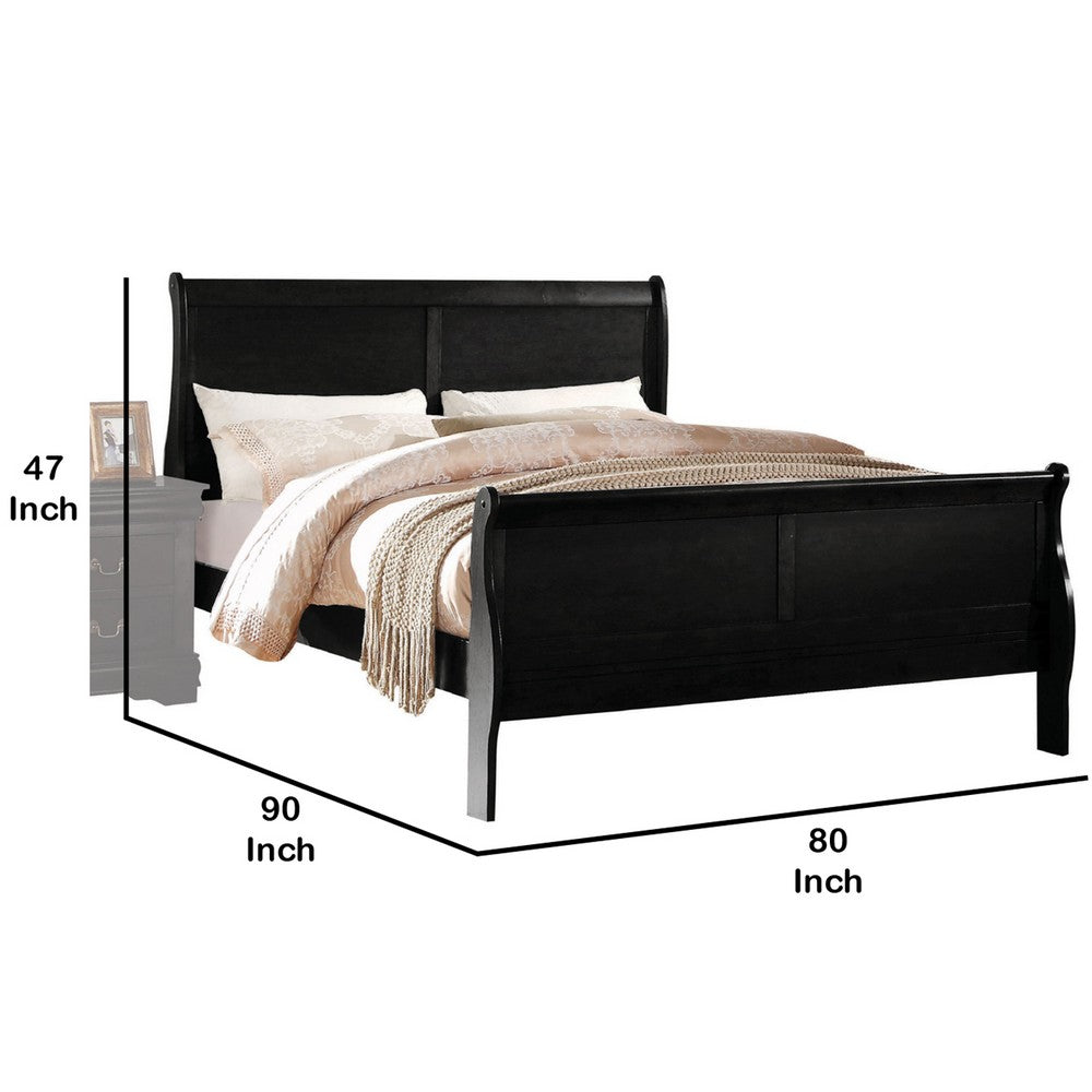 Benjara Transitional Panel Design Sleigh Eastern King Size Bed, Black